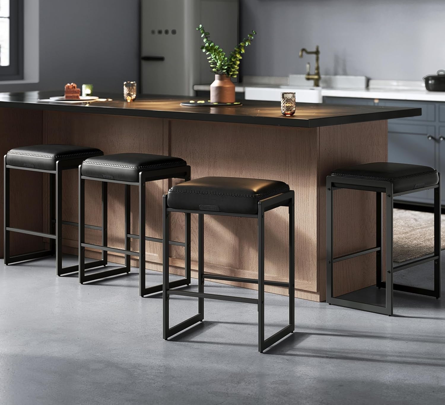 EKHO Collection - Bar Stools Set of 4, Counter Height Bar Stools, Synthetic Leather with Stitching, Mid-Century Modern Counter Stools, 26-Inch Tall, Kichen Home Bar Dining Room, Ink Black