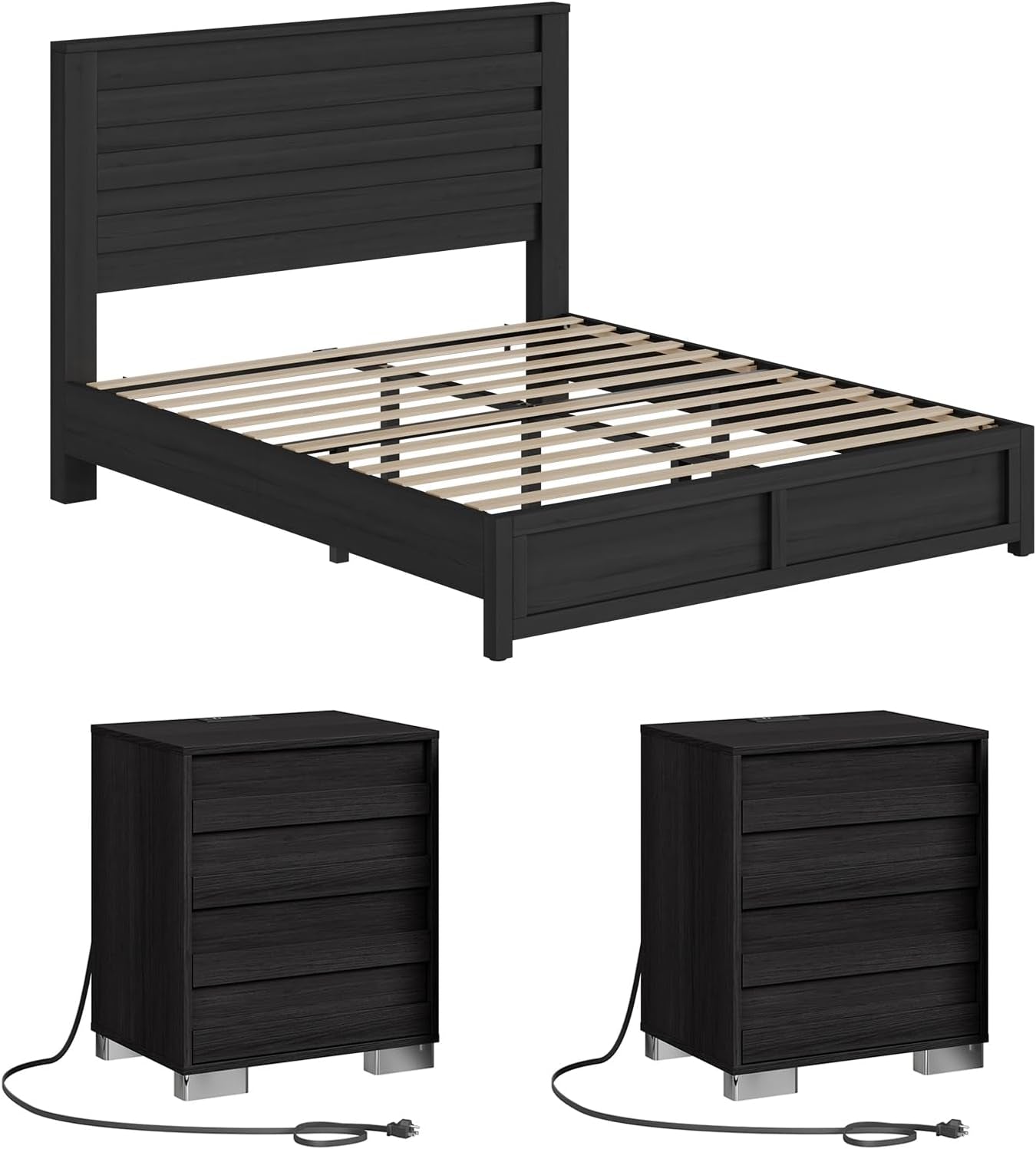 3-Piece Bedroom Set, Including Farmhouse Queen Size Bed Frame with Flutted Headboard, Nightstands Set of 2 with Charging Station, Black