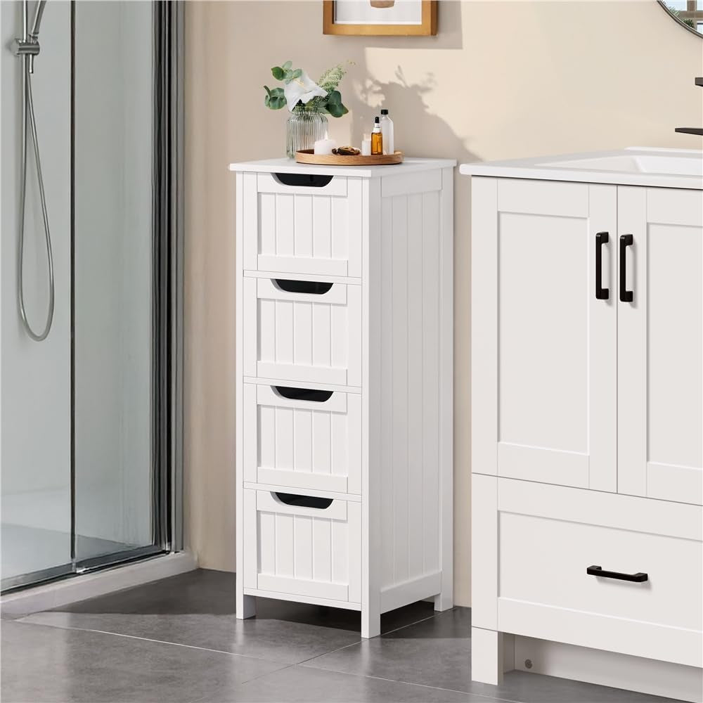 Bathroom Floor Cabinet, Wooden Side Storage Organizer, 4 Drawers Free-Standing Cabinet for Bathroom/Hallway/Living Room, White