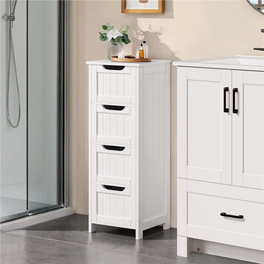 Bathroom Floor Cabinet, Wooden Side Storage Organizer, 4 Drawers Free-Standing Cabinet for Bathroom/Hallway/Living Room, White