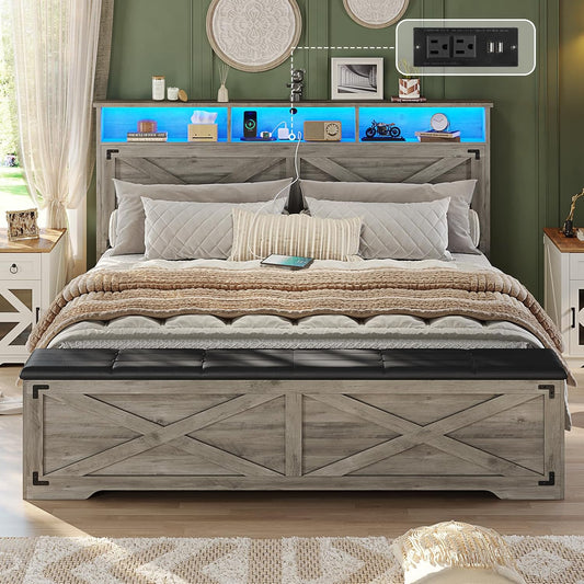 Queen Size Bed Frame with Storage Ottoman, Farmhouse Bed Frame with Charging Station and Led Light, Headboard with Storage Rack, Metal Slats, No Noise Design, No Box Spring Needed,Oak Grey