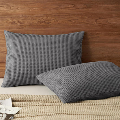 100% Cotton Waffle Pillow Shams King Size, 2 Pack 20" X 36" Soft Skin-Friendly and Breathable Pillowcases, No Filling, Aesthetic Woven Waffle Weave Pillow Covers for Bed, Charcoal Grey