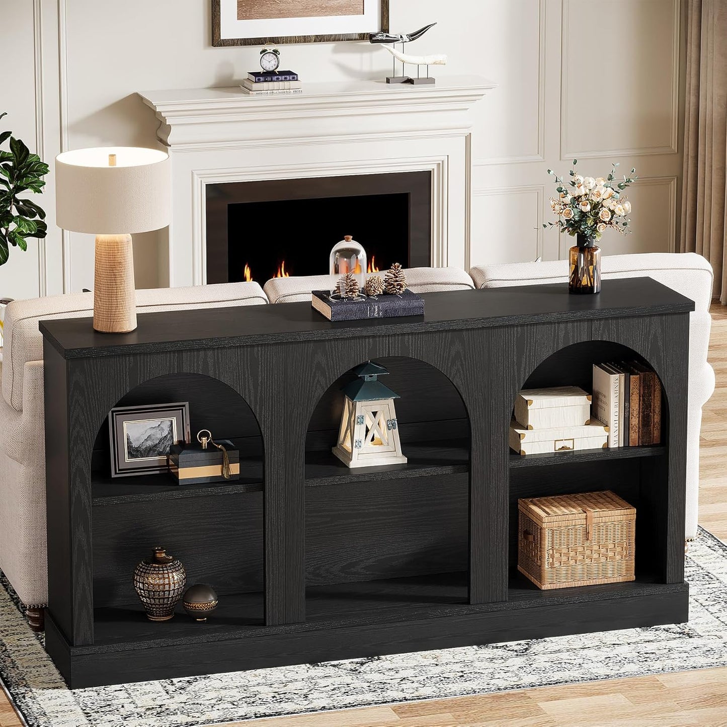Farmhouse Console Table, 63-Inch Long Entryway Table with 3 Tier Storage, Wooden Rectangular Sofa Table behind the Couch for Entrance, Hallway, Living Room, Black