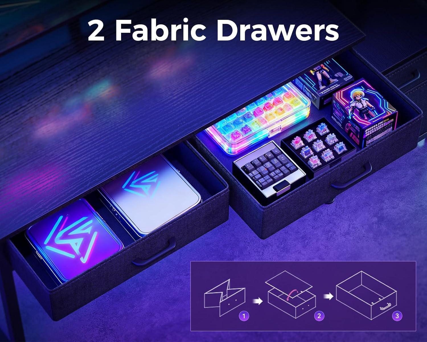 Computer Desk with 4 Drawers, 48 Inch Gaming Desk with Power Outlet, Office Desk with Monitor Shelf, Work Desk Table for Home Office, Black