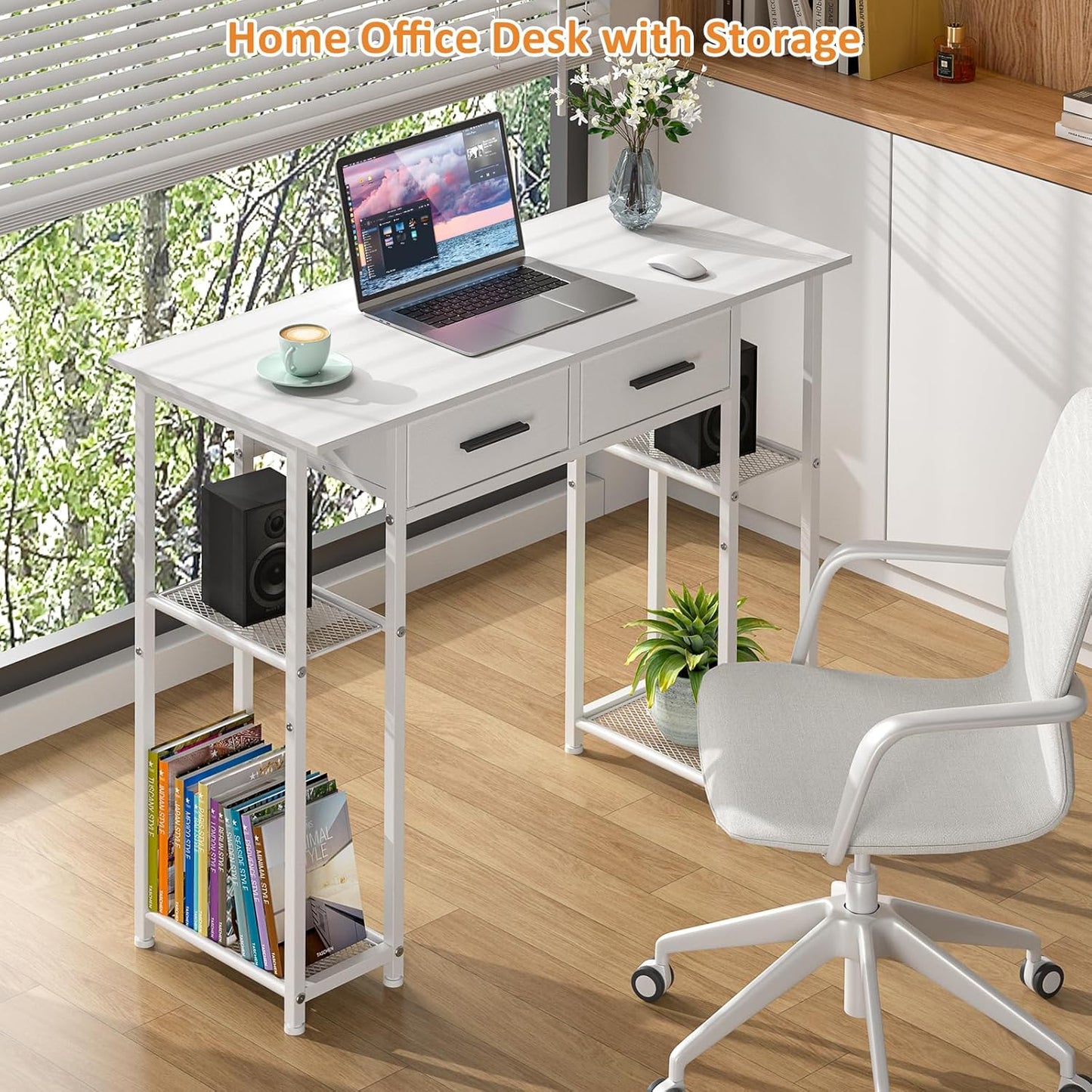 White Computer Desk with Drawers, 37.3 Inch Home Office Work Desk with Storage Shelf, Kids Teens Study Table for Small Space, Small Writing PC Table for Bedroom Makeup Vanity Desk