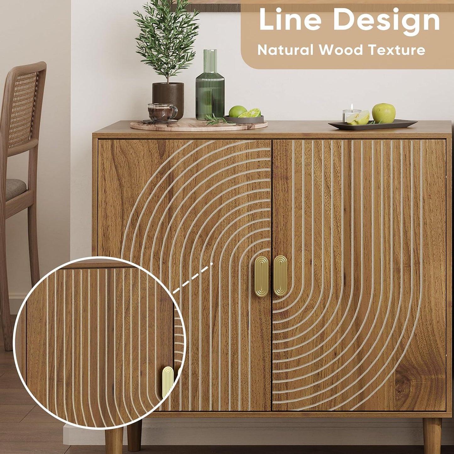 Walnut Sideboard Cabinet, Freestanding Buffet Cabinet with Line Groove Design, Wood Storage Cabinet with Adjustable Shelf for Living Room, Entryway, Hallway