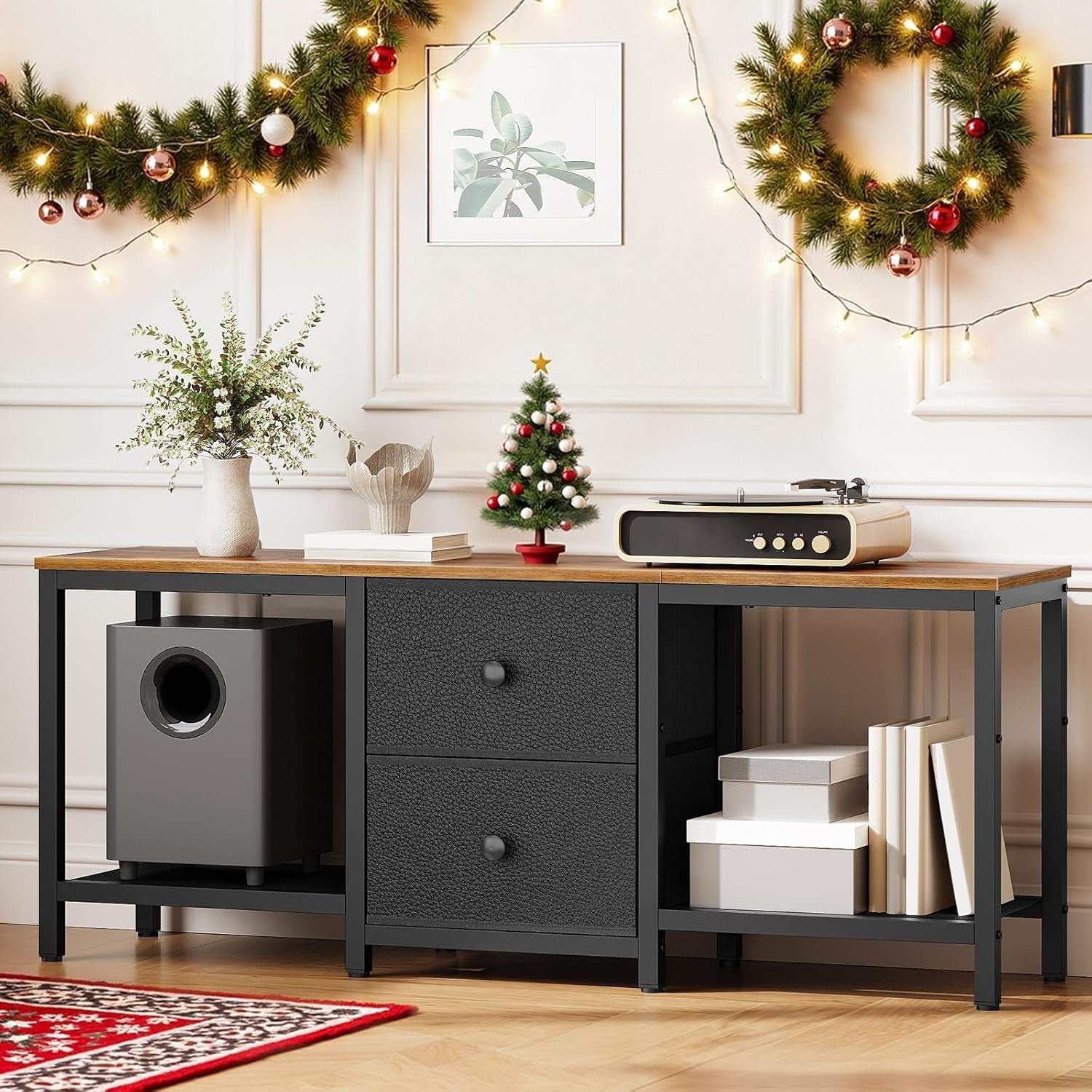 TV Stand for Tvs up to 55", Entertainment Center with 2 Fabric Drawer, Media Console with Shelves, Television Stands for Living Room, Bedroom, Rustic Brown and Black DS02BR