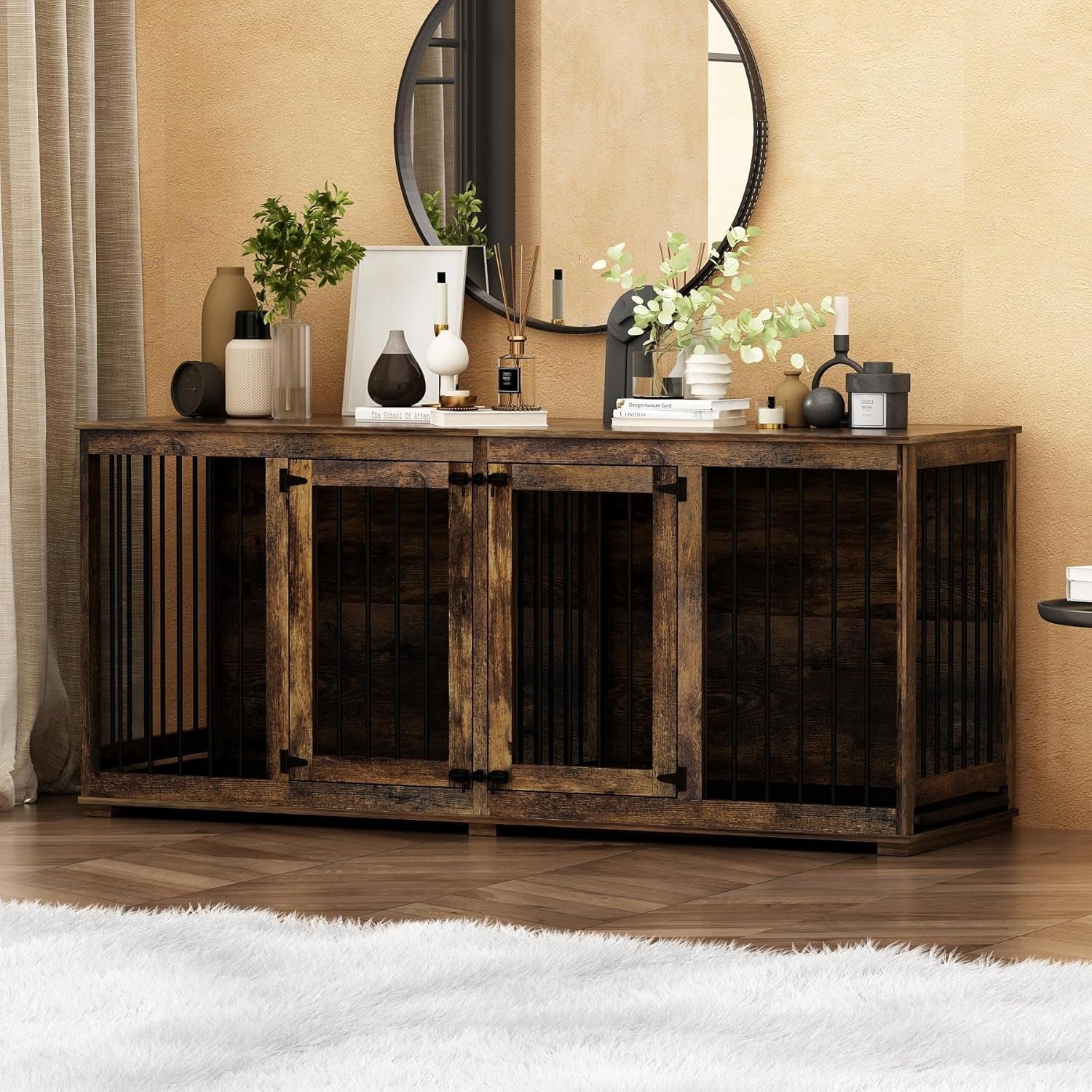 Large Funiture Style Dog Crate for 2 Dogs, 70" Wooden Dog Kennel Furniture with Removable Divider & 2 Trays, Indoor Heavy Duty Dog House W/Double Rooms for Large Medium Dogs, Brown