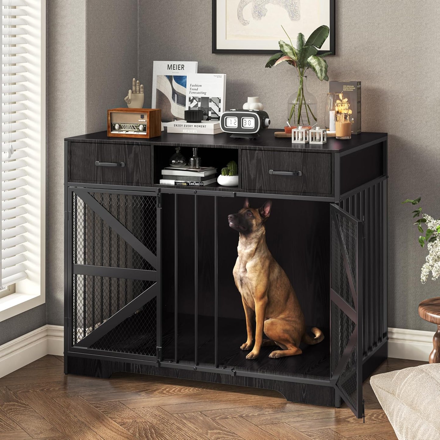 44" Large Dog Crate Furniture, Wooden Heavy Duty Dog Kennel TV Stand with 2 Drawers, Indoor Multi-Functional Decorative XL Furniture for Medium & Large Breeds, Black