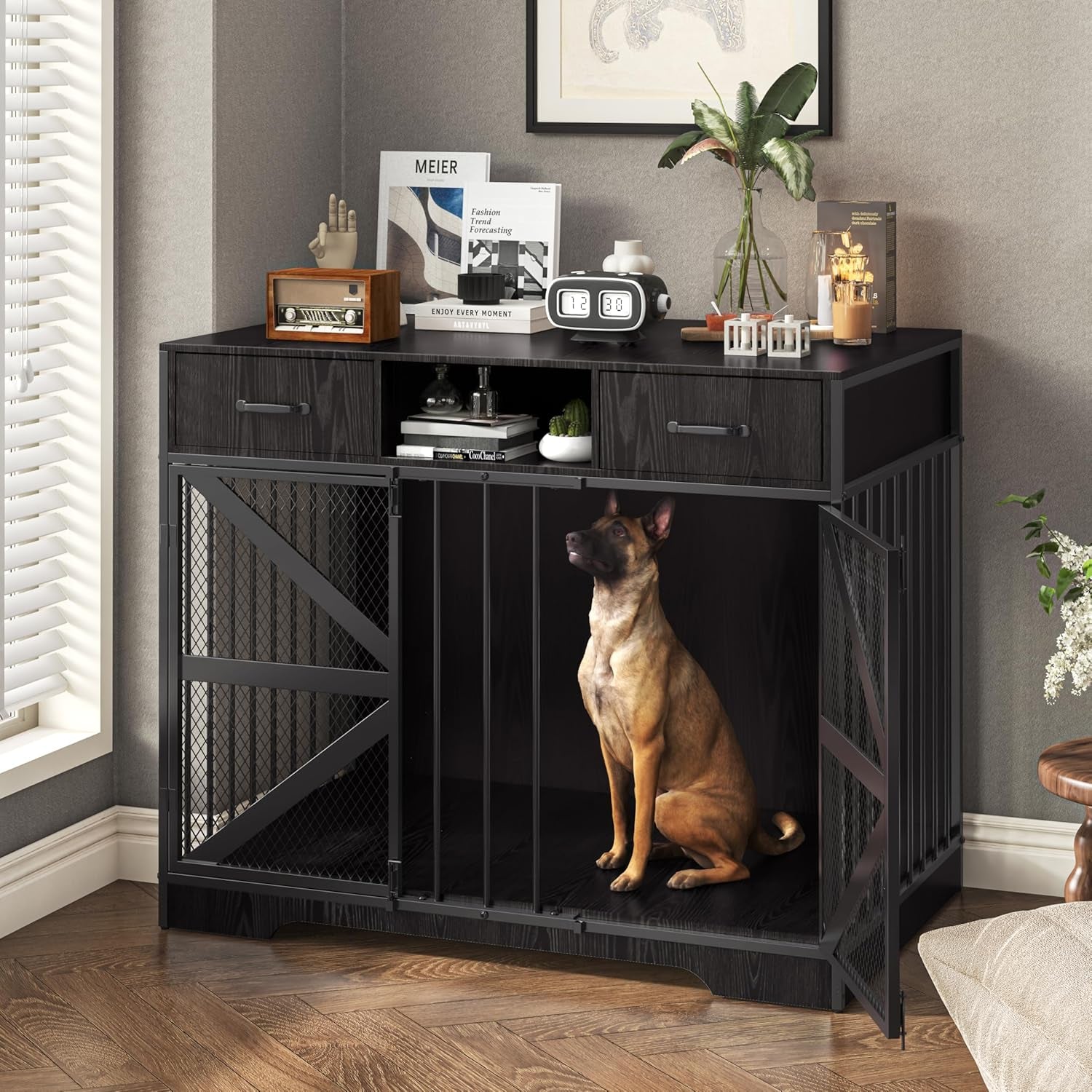 44" Large Dog Crate Furniture, Wooden Heavy Duty Dog Kennel TV Stand with 2 Drawers, Indoor Multi-Functional Decorative XL Furniture for Medium & Large Breeds, Black