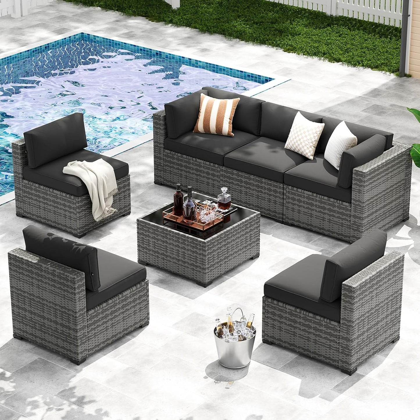 7-Piece Patio Furniture Set, Wicker Rattan Outdoor Furniture with Thick Cushions, Patio Conversation Sets with Coffee Table, Outdoor Sectional Couch Sofa with Waterproof Cover, Black
