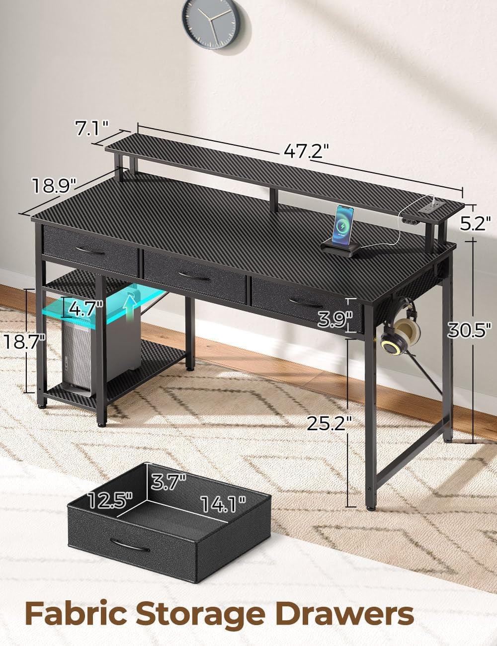 Computer Desk with Power Outlets & LED Light, 47 Inch Home Office Desk with 3 Drawers and Storage Shelves, Writing Desk with Monitor Stand, Modern Work Desk for Home Office, Carbon Black