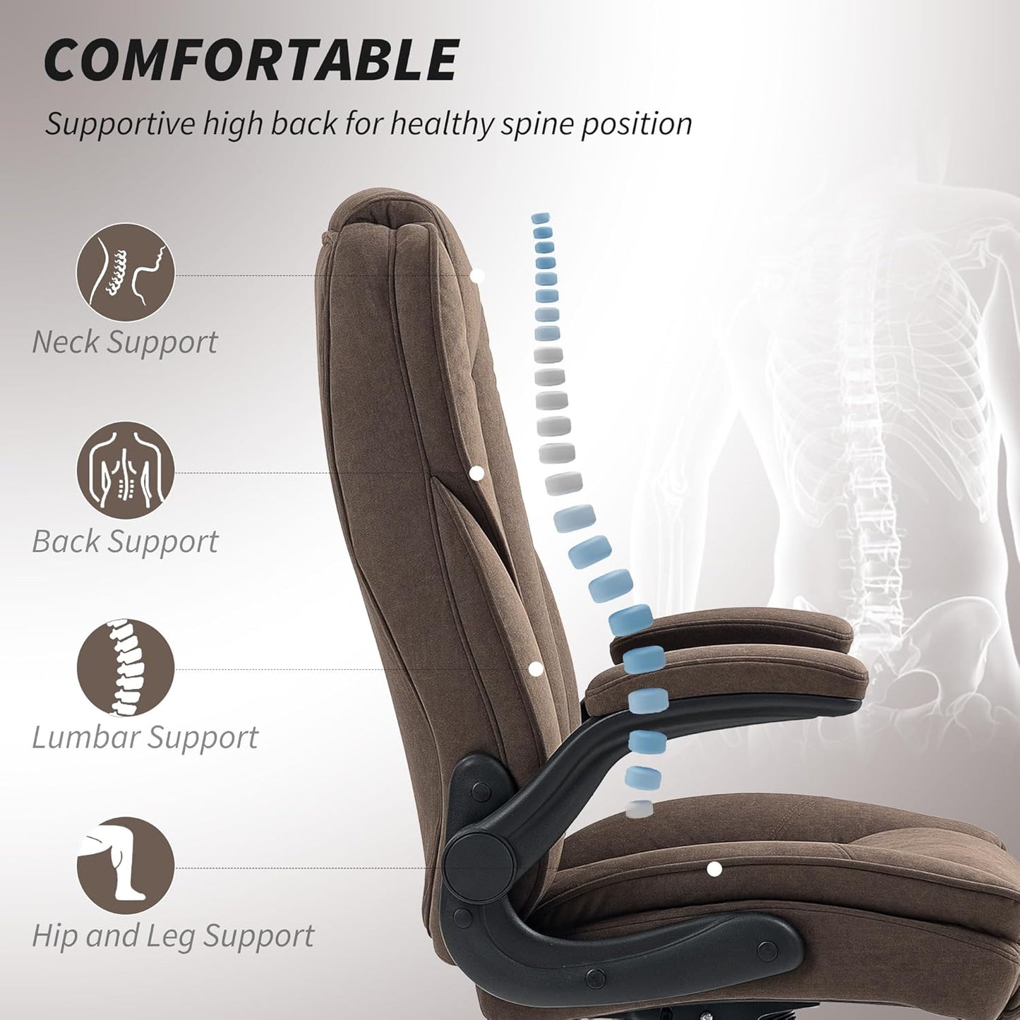 High Back Office Chair, Executive Desk Chair with Swivel Wheels, Flip-Up Armrest, Adjustable Height, Modern Diamond Fabric Computer Chair for Home Office, Dark Brown