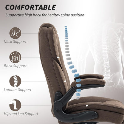 High Back Office Chair, Executive Desk Chair with Swivel Wheels, Flip-Up Armrest, Adjustable Height, Modern Diamond Fabric Computer Chair for Home Office, Dark Brown