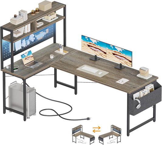 59 Inch Large L Shaped Desk with Pegboard Hutch & Shelves, Corner Gaming Desk with Power Outlet, LED Light & Storage Bag, Reversible Computer Desk for Home, Bedroom, Office Workspace, Grey