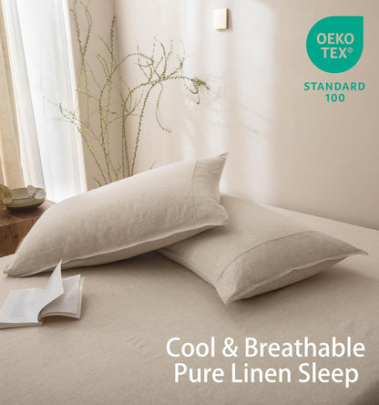 100% French Linen Pillow Case King Size Set of 2,Oeko-Tex Certified Stone Washed Flax Pillow Shams with Envelope Closure - Breathable & Cooling for Hot Sleepers（Natural Linen,20''X36''）