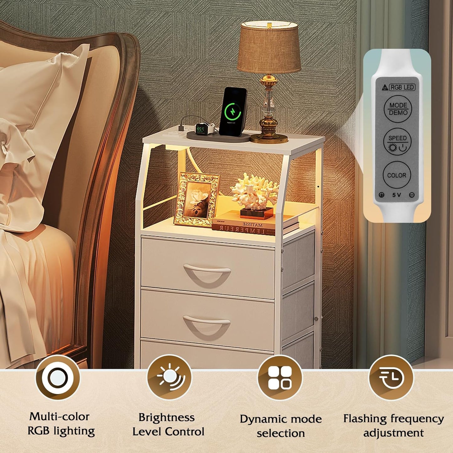 Night Stand with Charger Station, White Nightstand with LED Light and 4 Storage Drawers, Tall Dresser for Bedroom, 37.48" H Bedside Table with Fabric Bins, Wood Shelf