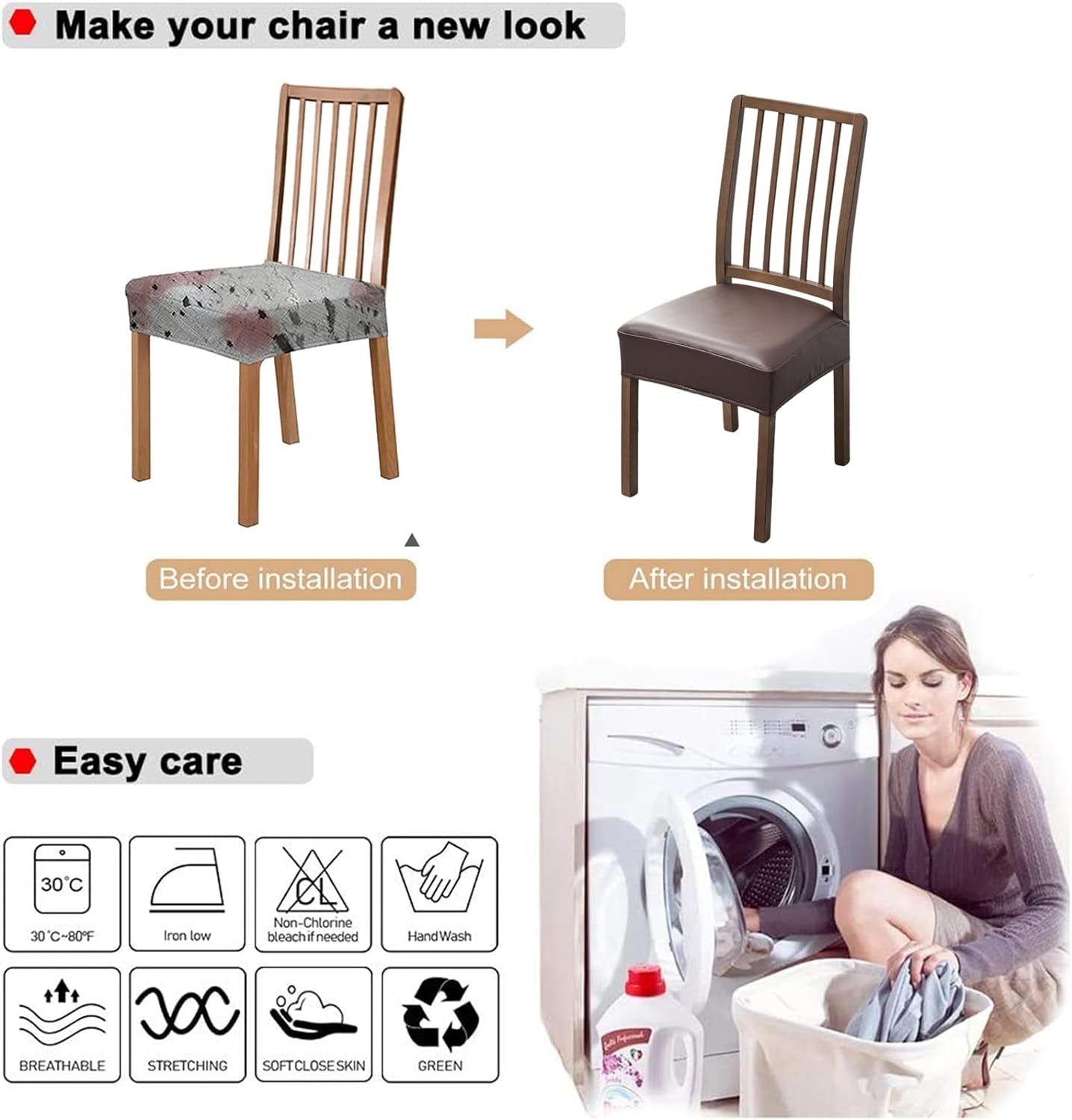 Waterproof Seat Covers for Dining Room Chairs Set of 4, Pu Leather Chair Seat Slipcovers Dining Chair Cover Removable Washable Chair Protctor Cover, Rear Covers (Pu-Coffee)