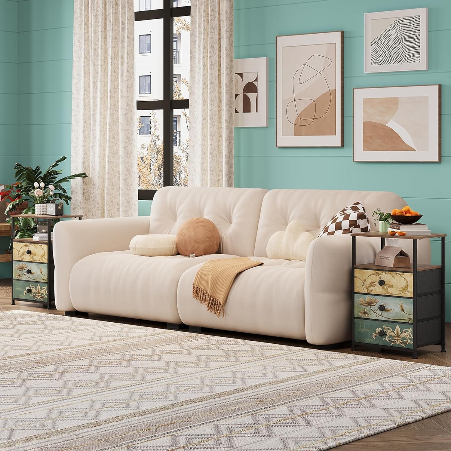 Nightstand with 3 Fabric Drawers Retro End Table with Storage Shelf Vintage Side Table for Bedroom Living Room Sofa beside Farmhouse