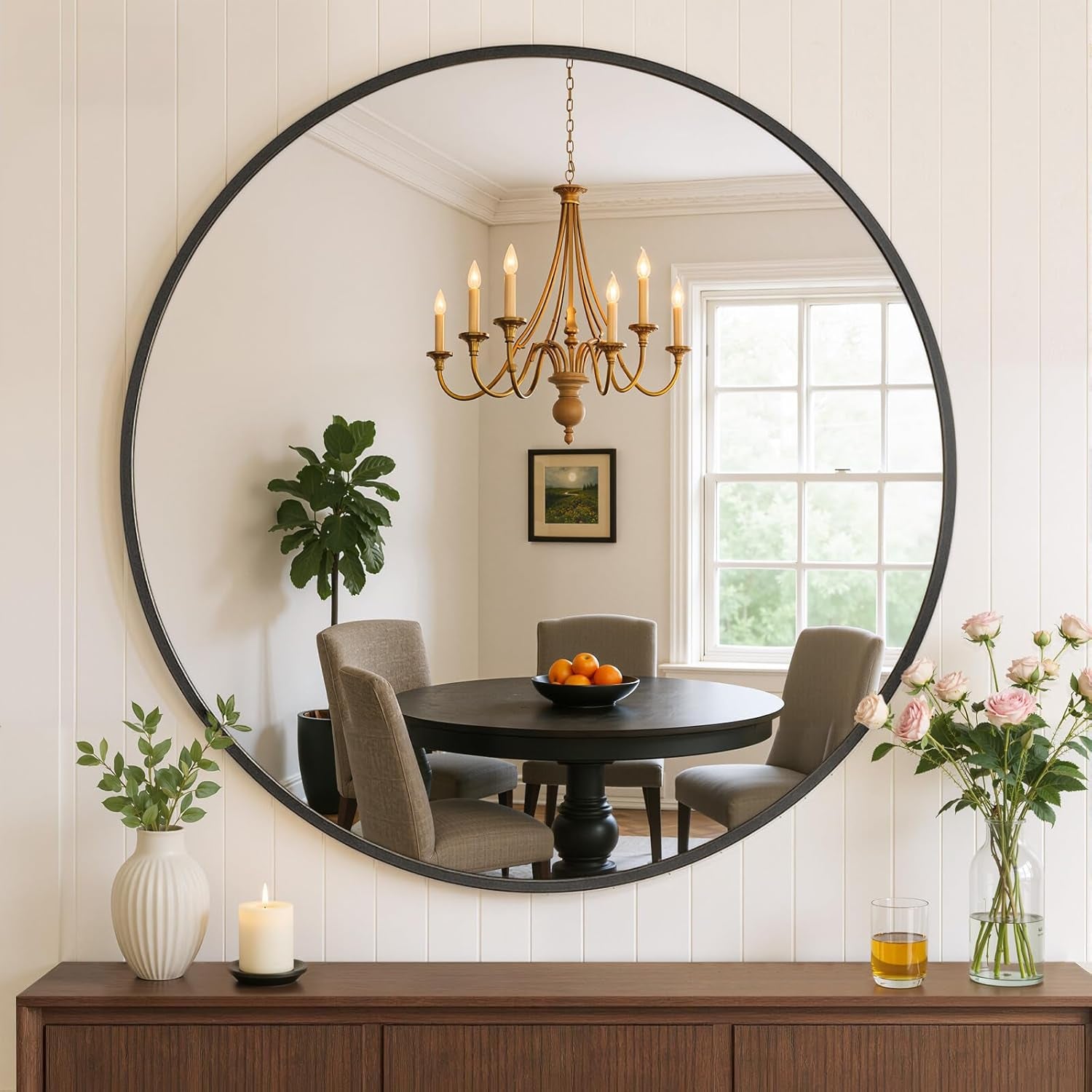Bathroom Mirror for Wall, 24 Inch round Mirror, Matte Black Metal Framed Circle Vanity Mirror for Bathroom Bedroom Living Room Entryway, Anti-Rust, Tempered Glass, Hanging or Leaning