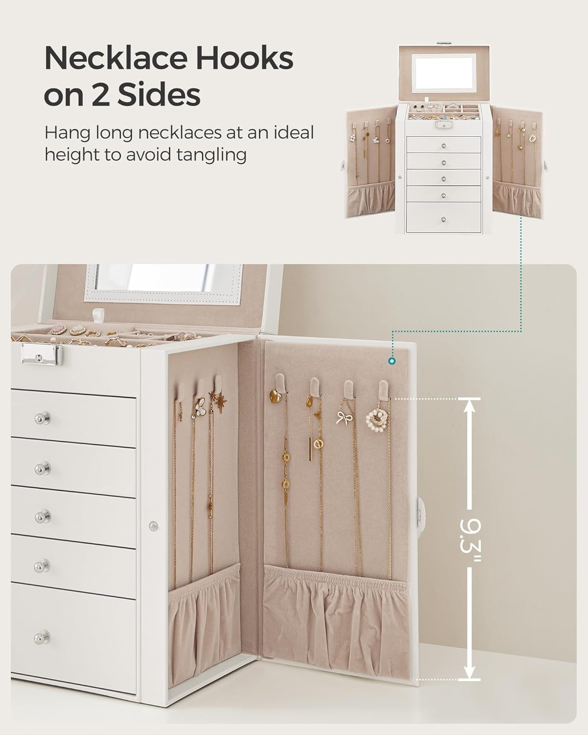 6 Tier Jewelry Box, Jewelry Storage Organizer with 5 Drawers, Large Storage Capacity, with Mirror, Lockable, Jewelry Case, Gift for Loved Ones, for Watches, White UJBC152W01