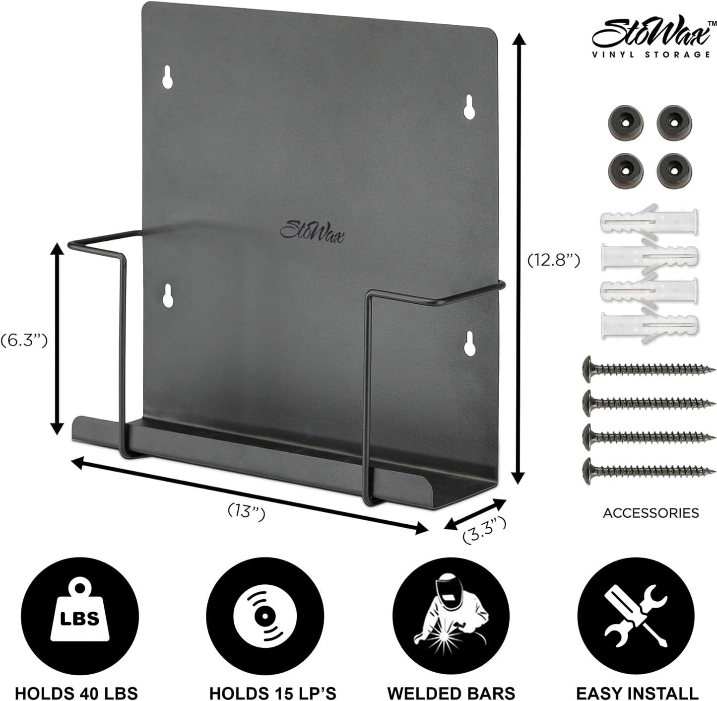 Vinyl Storage Display Holder (2Pk) - Wall Mount Record Shelf - Matte Black, Fits 30 Lps, Minimalist Steel Shelves, Frame Album Art