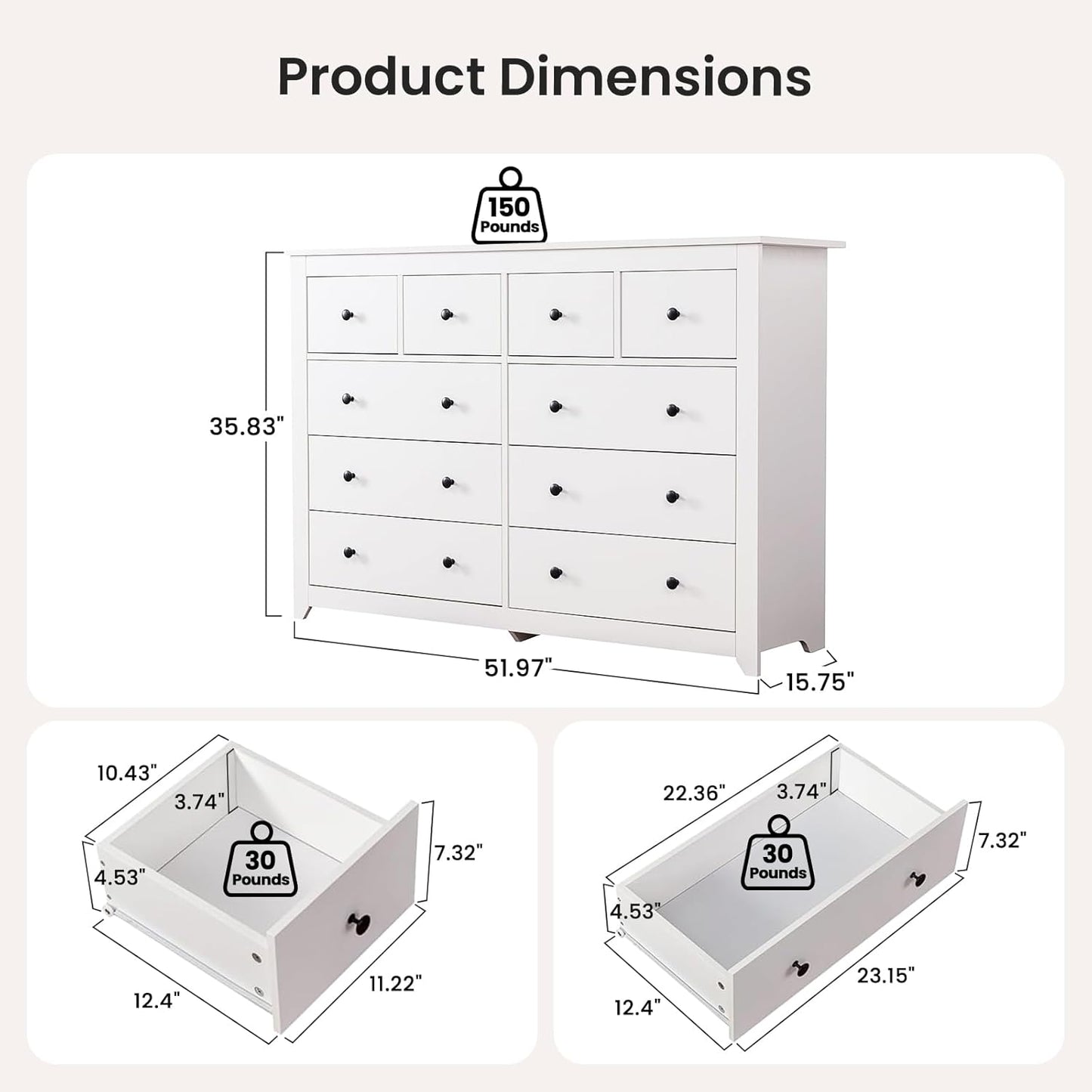 White 10 Drawer Dresser, 52" Large Wide Chest of Drawers, Wooden Dresser Storage Cabinet with 10 Drawers for Bedroom, Long White Dressers for Nursery, Living Room, Hallway