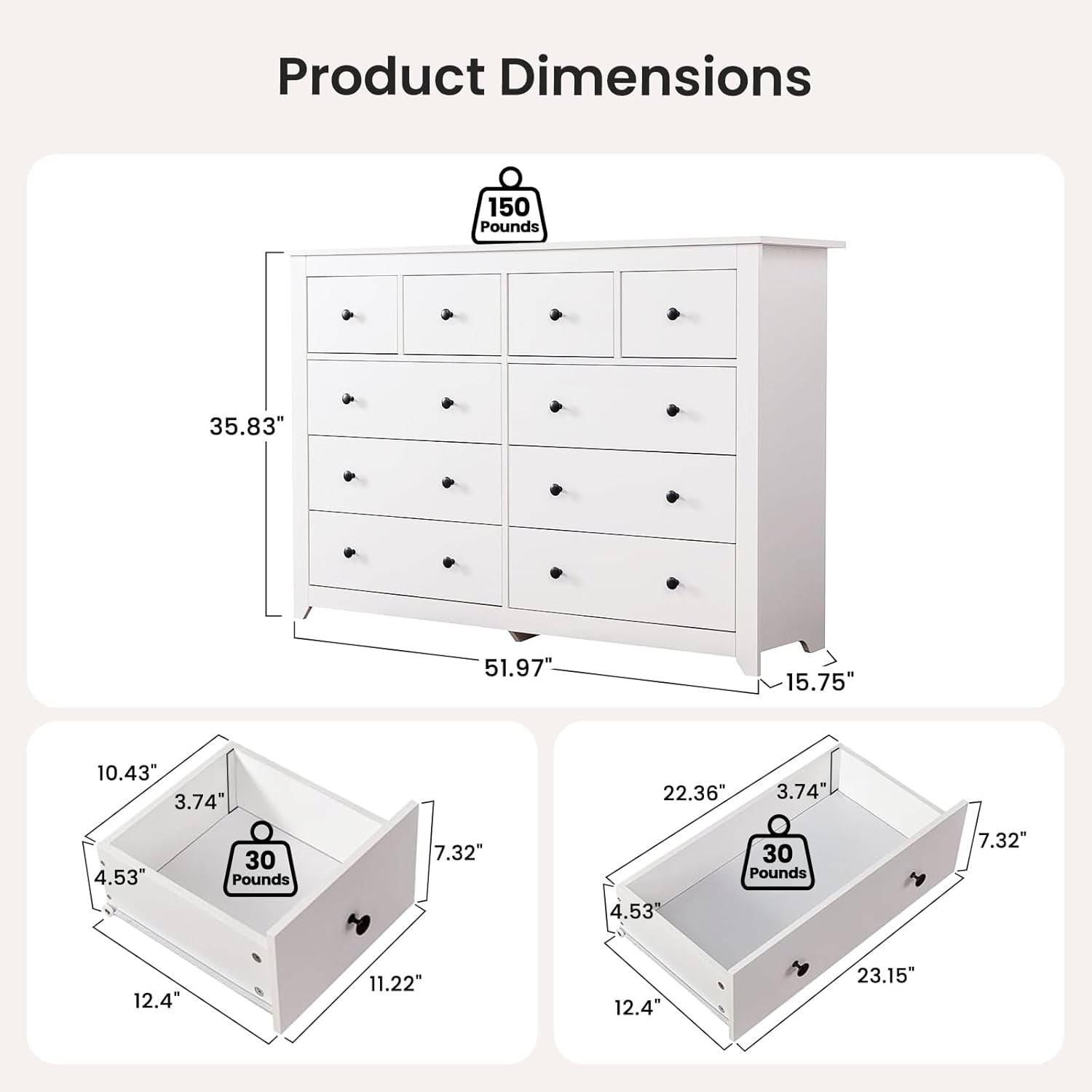 White 10 Drawer Dresser, 52" Large Wide Chest of Drawers, Wooden Dresser Storage Cabinet with 10 Drawers for Bedroom, Long White Dressers for Nursery, Living Room, Hallway