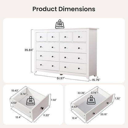 White 10 Drawer Dresser, 52" Large Wide Chest of Drawers, Wooden Dresser Storage Cabinet with 10 Drawers for Bedroom, Long White Dressers for Nursery, Living Room, Hallway