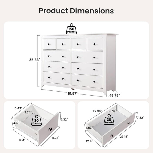 White 10 Drawer Dresser, 52" Large Wide Chest of Drawers, Wooden Dresser Storage Cabinet with 10 Drawers for Bedroom, Long White Dressers for Nursery, Living Room, Hallway