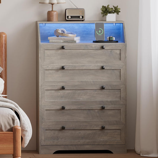 Grey Dresser Tall 5 Drawer Dresser for Bedroom, Wood Chest of Drawers with LED Lights, Charging Station, Metal Handles, Modern Storage Cabinet and Organizer Drawers for Living Room, Hallway