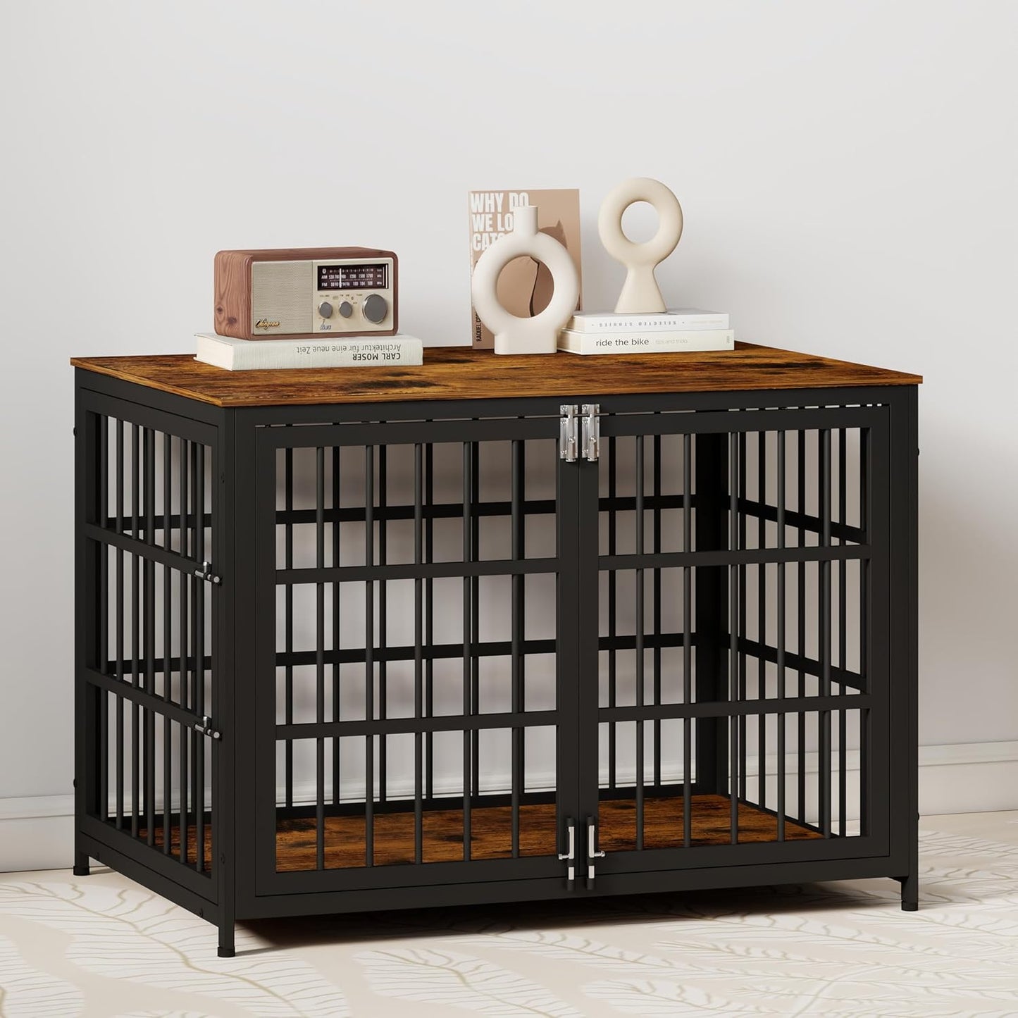 42 Inch Dog Crate End Table: Heavy Duty Furniture Kennel for Medium Dogs with Multiple Secure Locks, Decorative Wooden Pet Cage, Aged Black