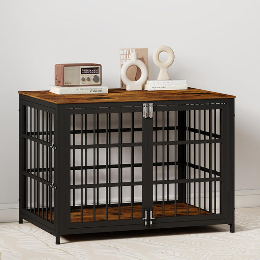 42 Inch Dog Crate End Table: Heavy Duty Furniture Kennel for Medium Dogs with Multiple Secure Locks, Decorative Wooden Pet Cage, Aged Black