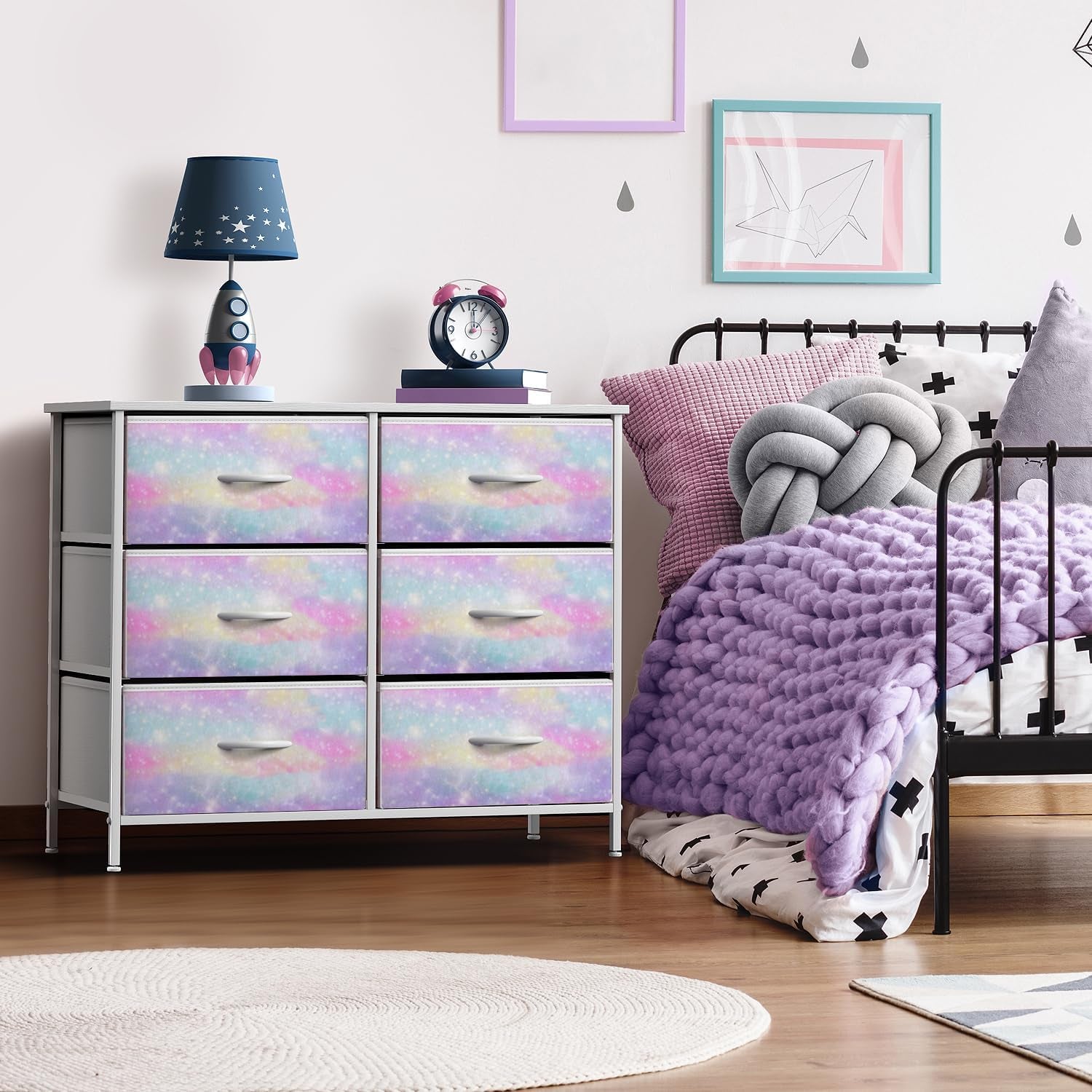 Kids Dresser with 6 Drawers - Storage Chest Organizer Nightstand - Steel Frame, Wood Top, Tie-Dye Fabric Bins for Clothes - Wide Furniture for Bedroom, Hallway, Nursery, Closet, & Apartment