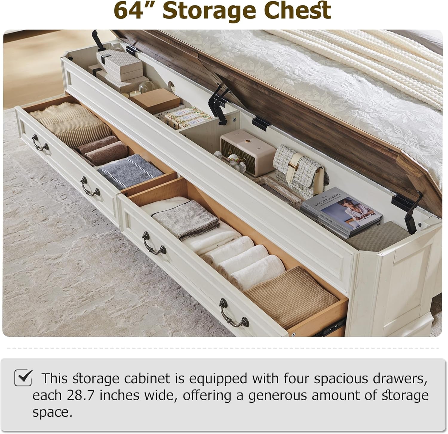 Farmhouse Queen Bed with Headboard and Storage Bench, Rustic Wood Platform Bed with 64" Storage Chest W/ 4 Large Drawer (Antique White)