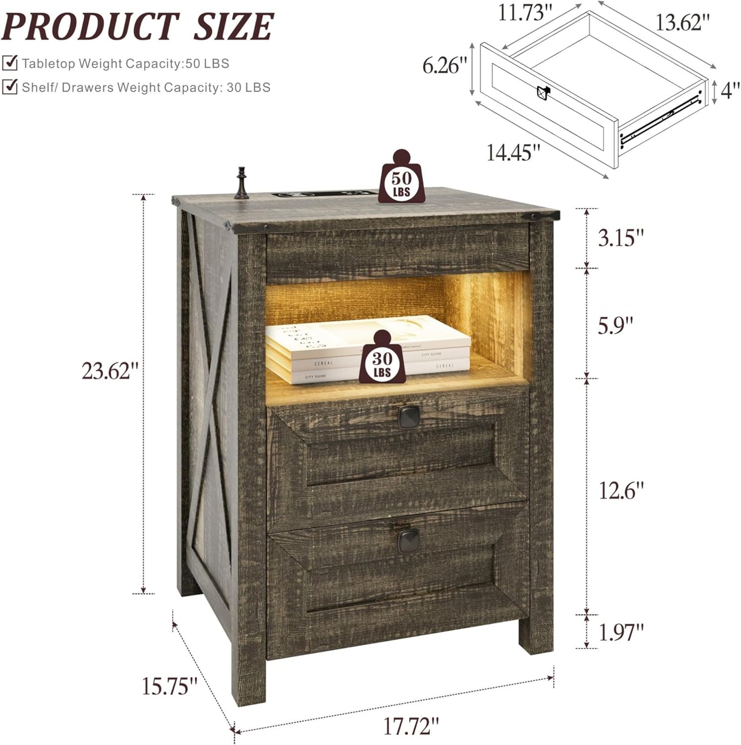 Nightstands Set of 2 with Gun Drawer, Farmhouse Bedside Table with Charging Station, Gun Night Stand with LED Light & Human Sensor, Smart End Table for Bedroom, Rustic Brown