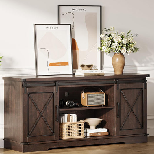 Farmhouse TV Stand and Entertainment Center for Tv up to 65 Inches with Sliding Barn Doors and Adjustable Shelf, Tv Media Console Table with Storage Cabinet for Living Room, Brown
