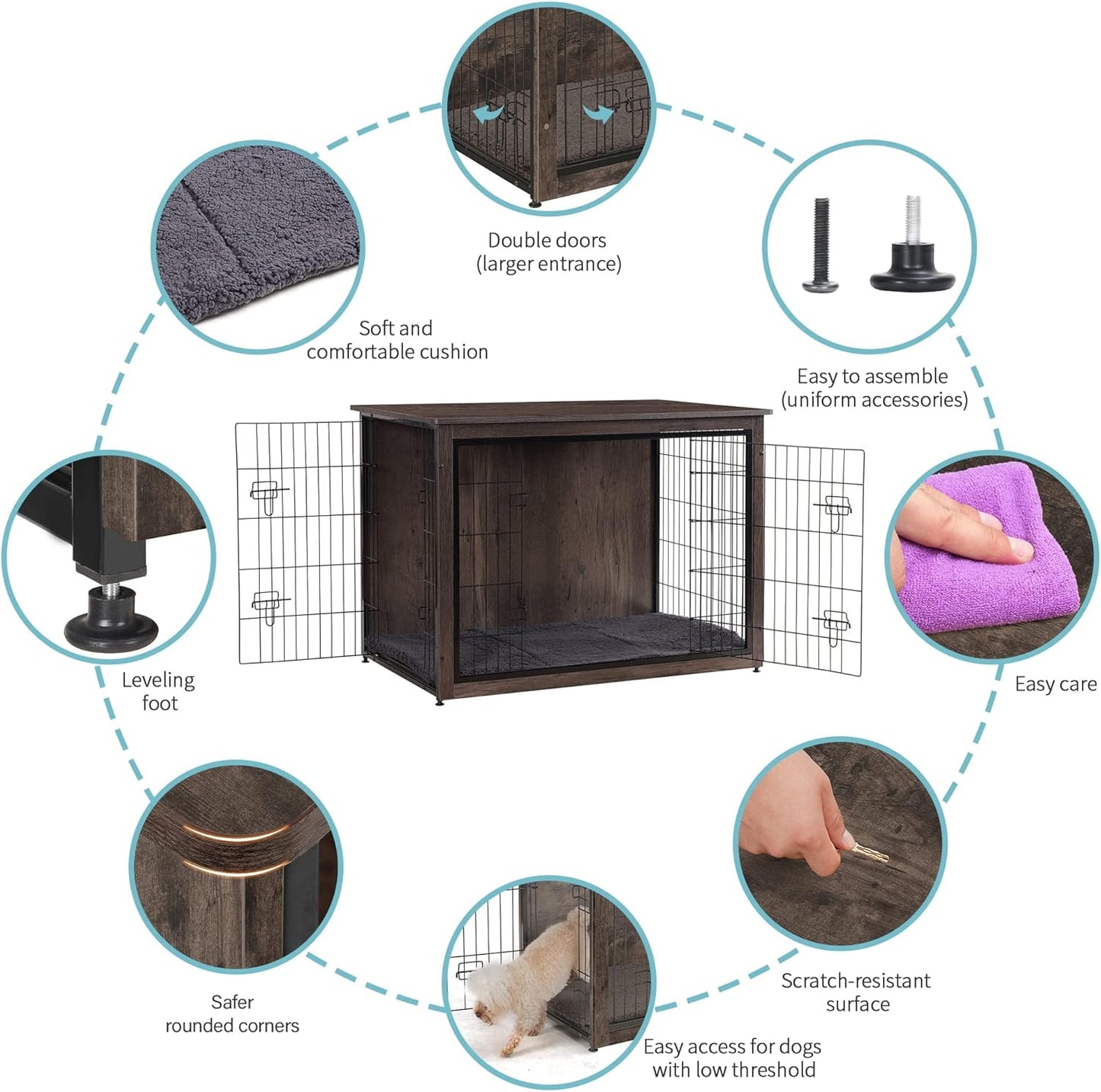 Dog Crate Furniture with Cushion, Wooden Kennel Table with Double Doors, Indoor Dog House, Extra Large Size, 43.3" L, Dark Gray