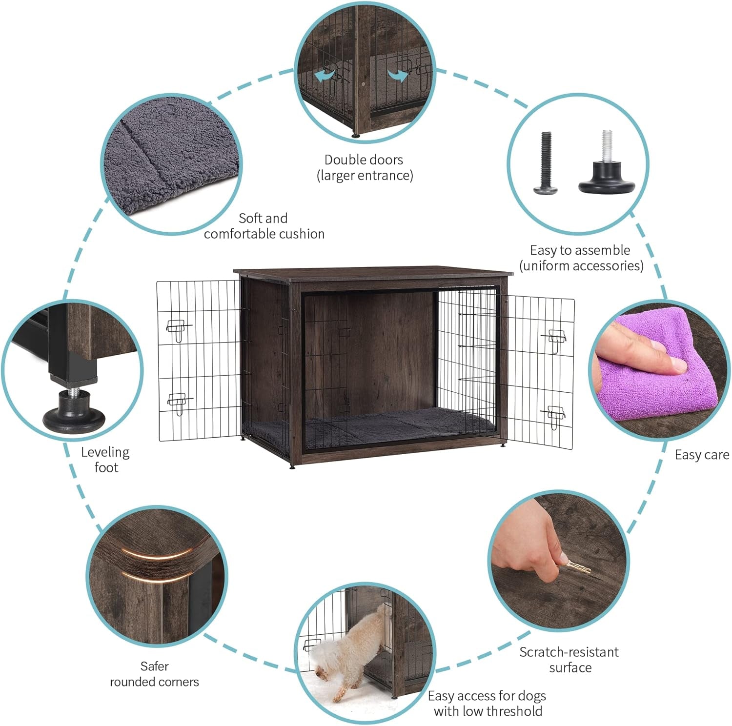 Dog Crate Furniture with Cushion, Wooden Kennel Table with Double Doors, Indoor Dog House, Extra Large Size, 43.3" L, Dark Gray