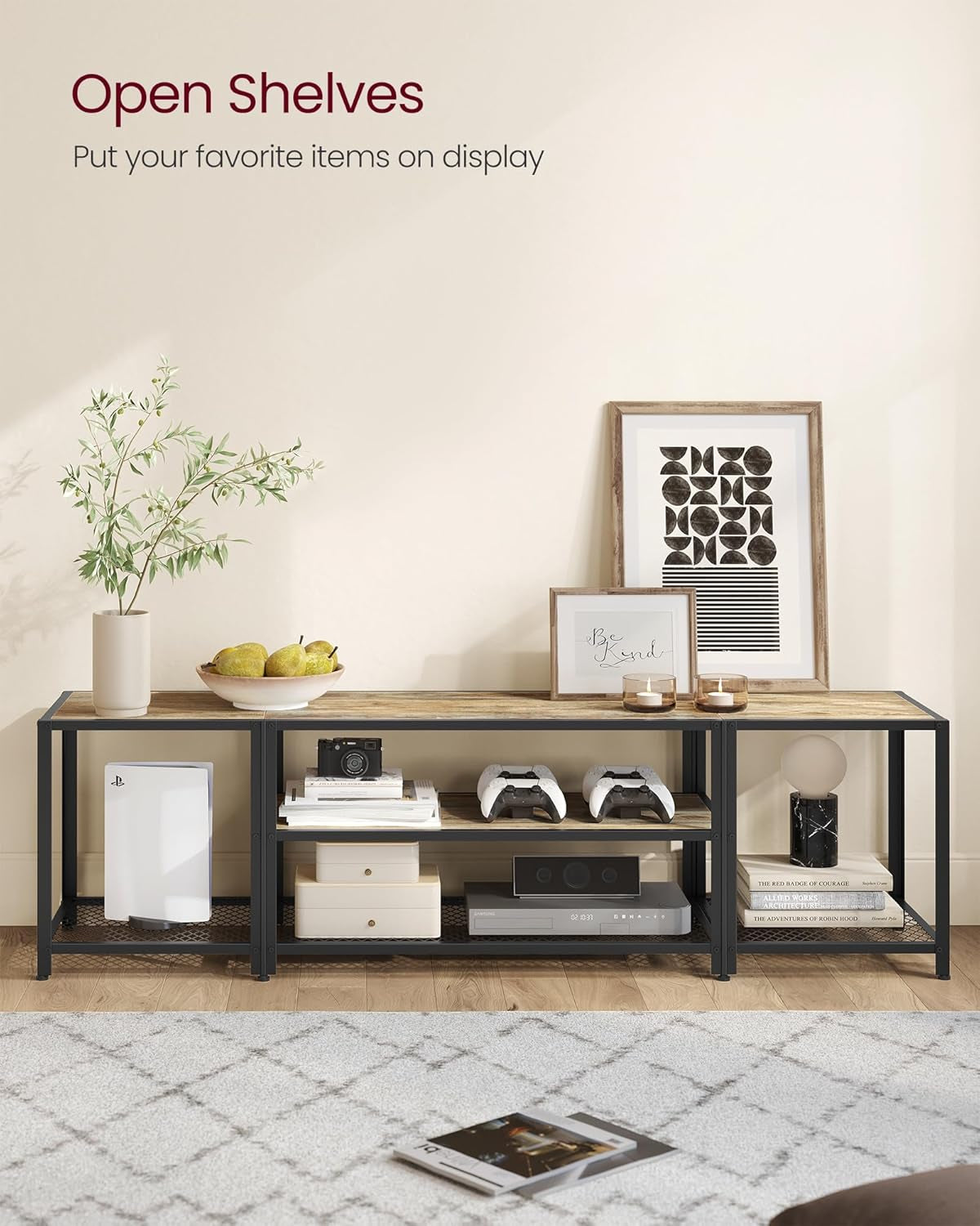 Modern TV Stand for Tvs up to 65 Inches, 3-Tier Entertainment Center, Industrial TV Console Table with Open Storage Shelves, for Living Room, Bedroom, Rustic Brown and Black ULTV097B01