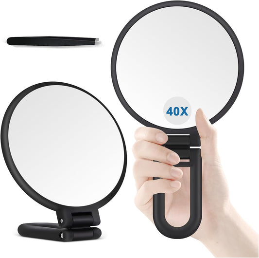 40X Magnifying Mirror, Hand Mirror for Makeup, Double Sided with 40X/1X Magnification, Travel Essential, Portable Foldable for Desktop and Bathroom, Gift for Women, Frosted Black