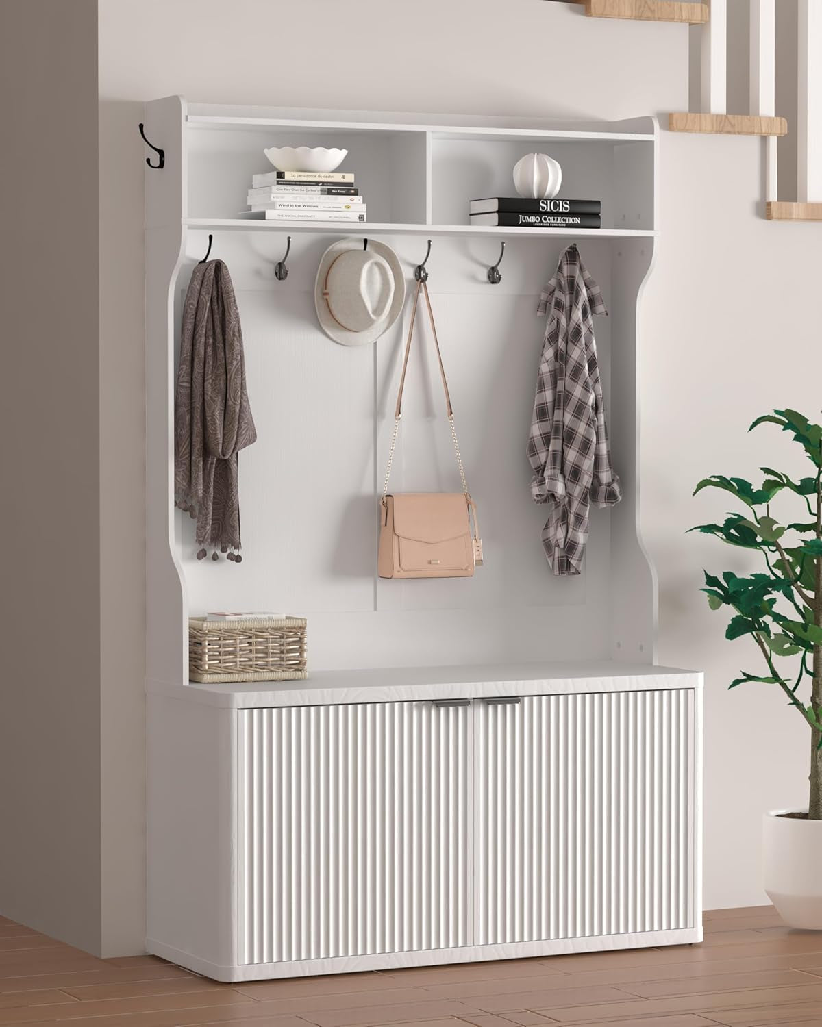 Hall Tree with Bench and Shoe Storage,42.5" W Morden Fluted Entryway Coat Rack with Shoe Bench Cabinet, Entryway Furniture, White Multi-Purpose Home Organizer,6 Coat Hooks