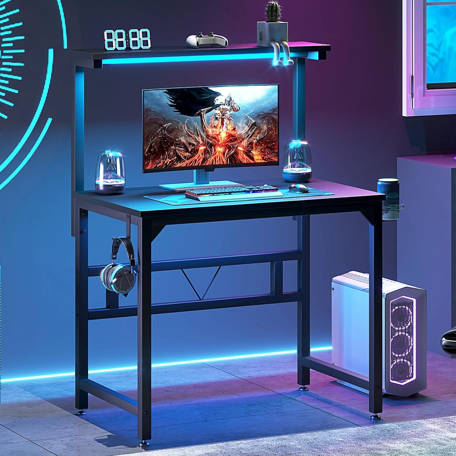 Gaming Desk with Power Outlets & LED Strip Lights,80Cm Industrial Writing Desk with Adjustable Monitor Stand, Cupholder and Headphone Hook for Home Office Black