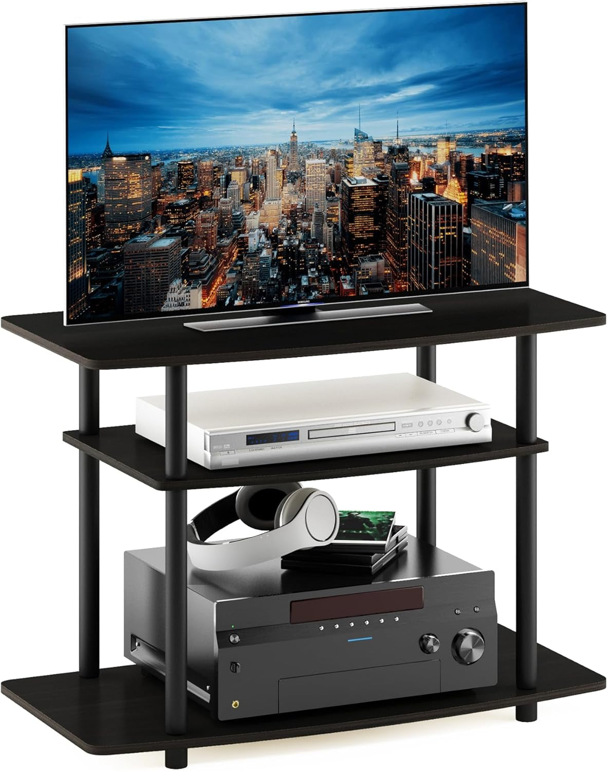 Turn-N-Tube No Tools 3-Tier Entertainment Center TV Stand for TV up to 32 Inch, Plastic round Tubes, Espresso/Black