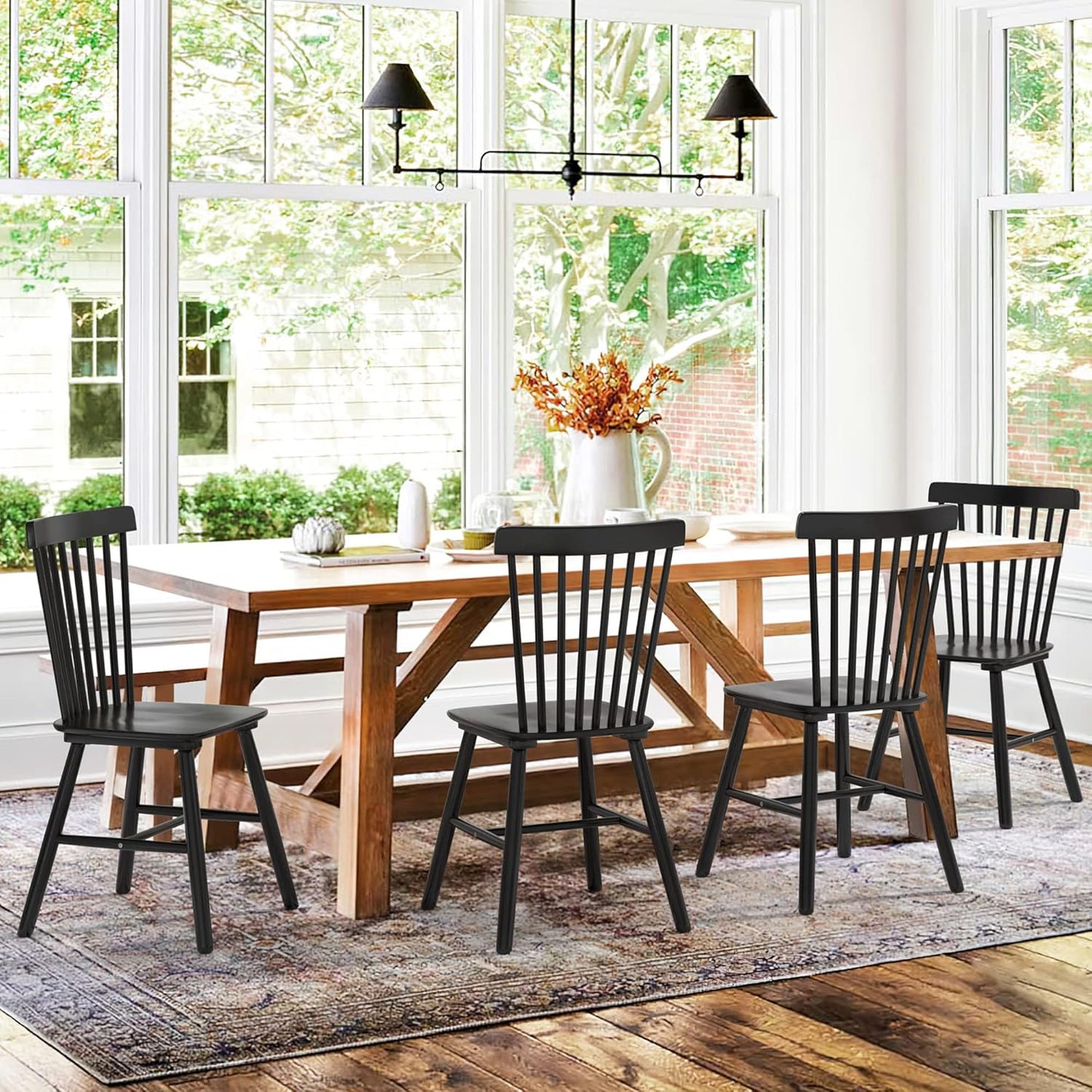 Windsor Dining Chair Set of 4, Spindle Back Wooden Chairs for Kitchen and Dining Room, Restaurant, Cafe, Hotel, Black