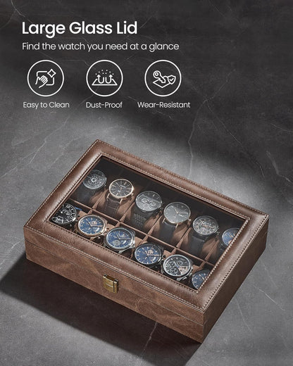 Watch Box, 12-Slot Watch Case Organizer with Large Glass Lid, Removable Pillows, Gift for Loved Ones, Coffee Brown Synthetic Leather, Coffee Brown Lining UJWB120KQ01S