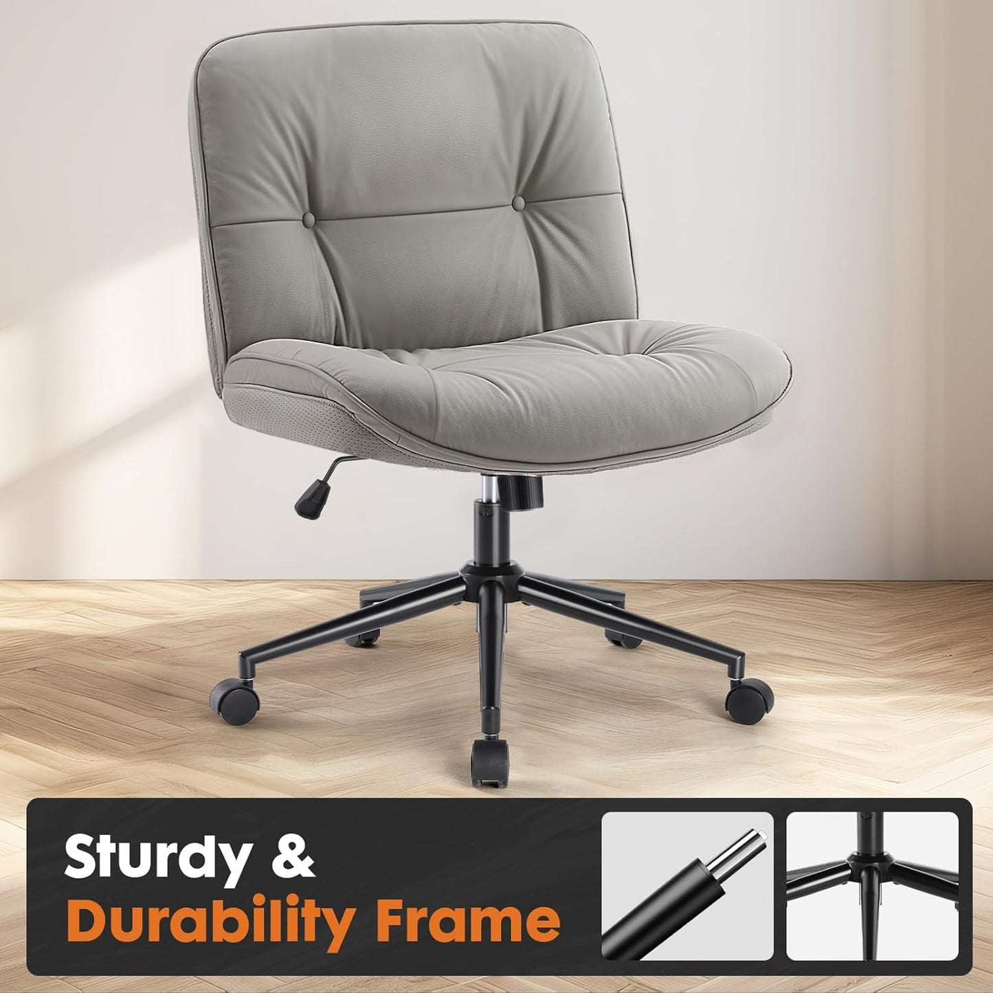 Criss Cross Armless Office Chair - PU Leather Adjustable Swivel Wide Seat with Thick Padding, Ergonomic Rolling Computer Desk Task Chair for Modern Vanity & Makeup with Wheels
