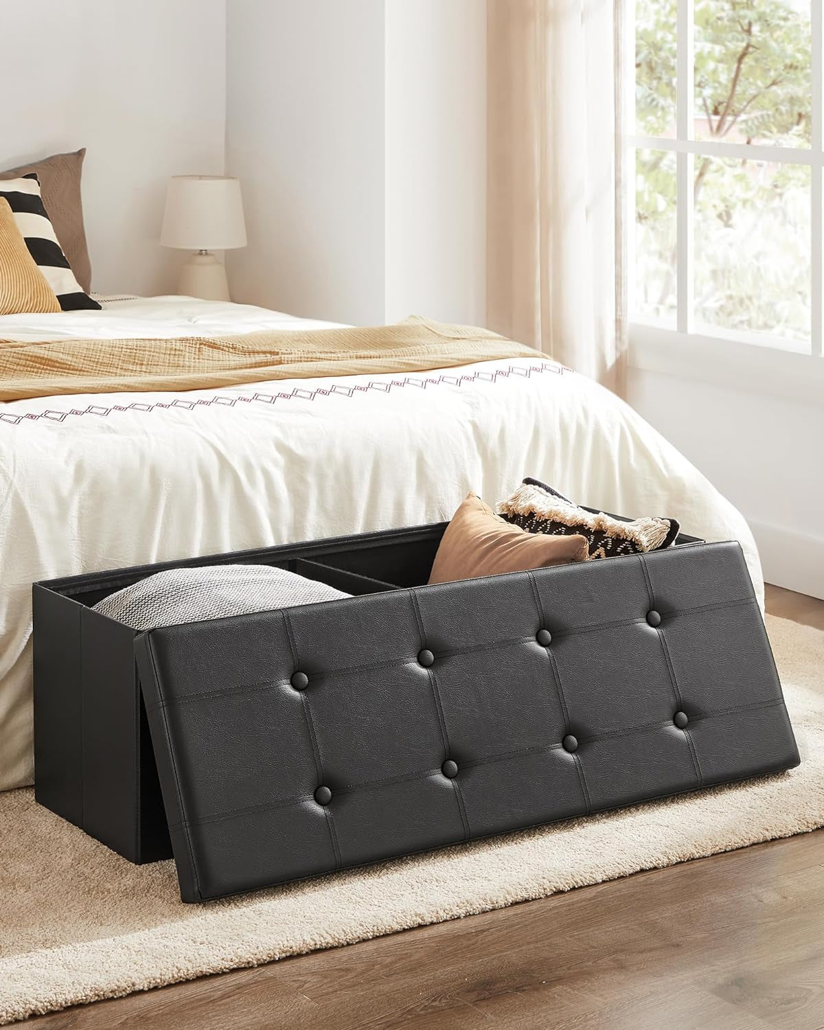 MAZIE Collection - 43 Inches Folding Storage Ottoman Bench, Ottoman with Storage, Foot Rest Stool, Load 660 Lb, for Living Room, Synthetic Leather, Black ULSF701