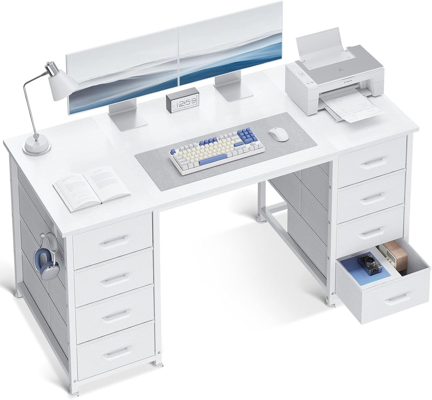 48 Inch White Computer Desk with 8 Fabric Drawers, Modern Office Desk with Large Storage for Home Office, Study, Gaming, White