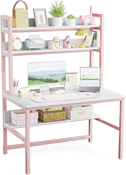 Pink Girls Desk Hutch, 47In Woman Computer Desk with Bookshelf & Storage Shelves, Space Saving Girls Writing Study Craft Table for Bedroom Kids Room, White Wood & Pink Iron Home Office Desks